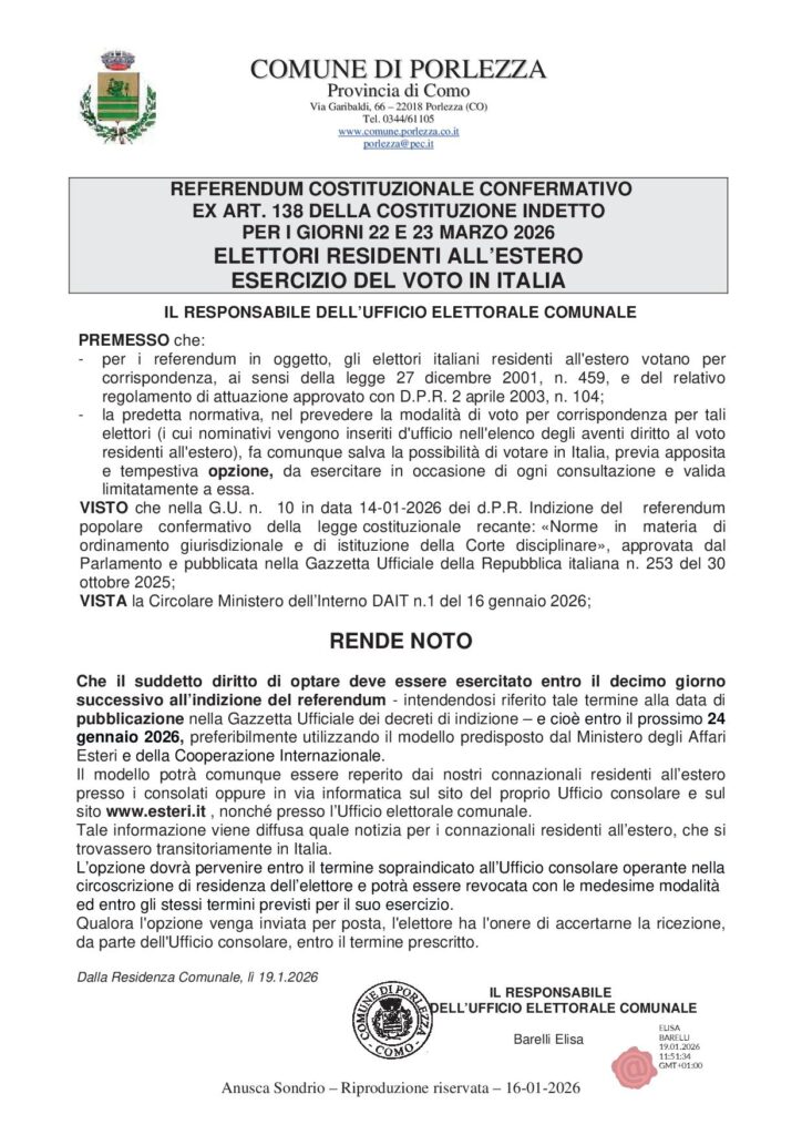 Referendum costituzionale del 22-23 marzo 2026 Elettori residenti all’estero – esercizio di voto in italia – entro 24 gennaio