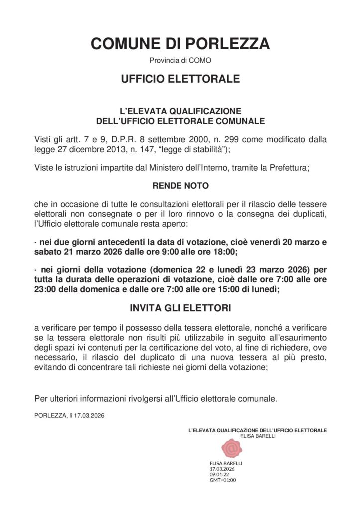 REFERENDUM DEL 22 e 23 MARZO 2026 APERTURA UFFICI COMUNALI